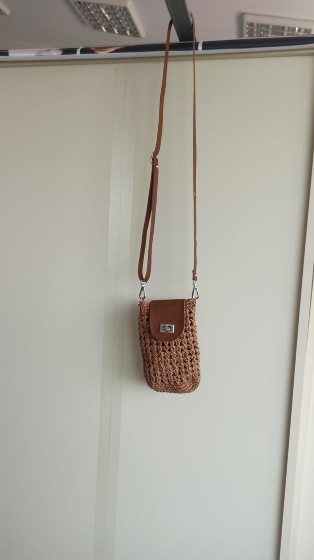 Bej Örgü Kadın Çapraz Çanta telefon cüzdanlık - Görsel 2
