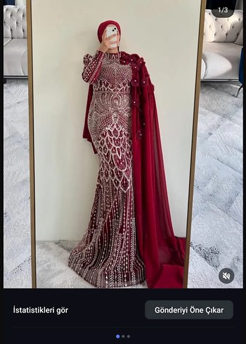 Bordo Uzun Kollu Drape İşlemeli Abiye Elbise