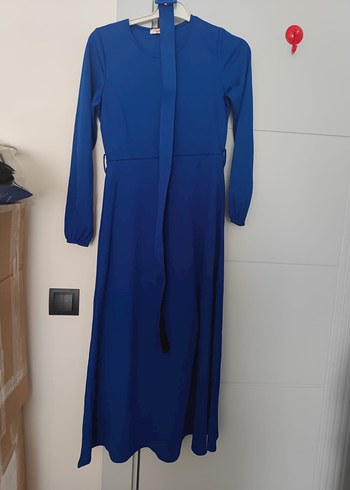 mavi Kemerli Uzun Elbise - Görsel 7