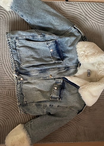 Gri Kürklü Kadın Denim Ceket - Görsel 2