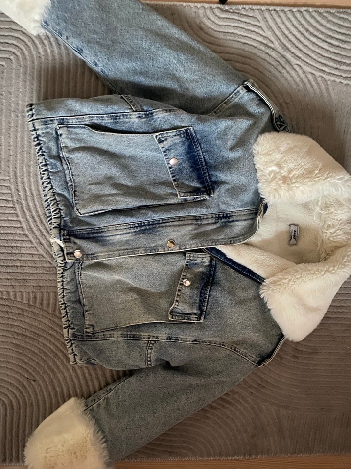 Gri Kürklü Kadın Denim Ceket - Görsel 2