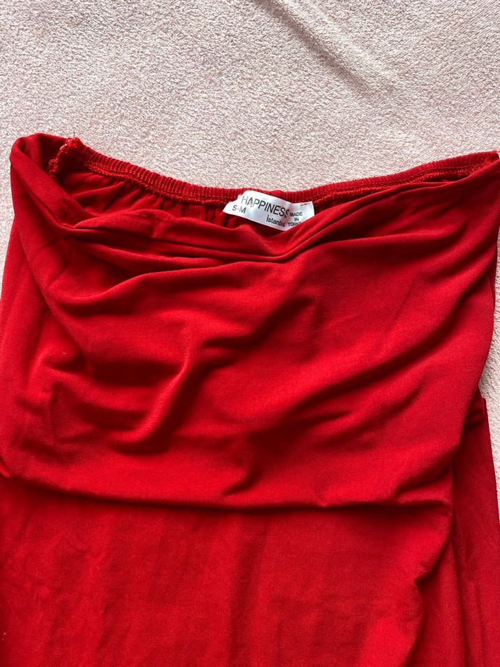 Kırmızı Uzun Kollu Drapeli Uzun Elbise - Görsel 2