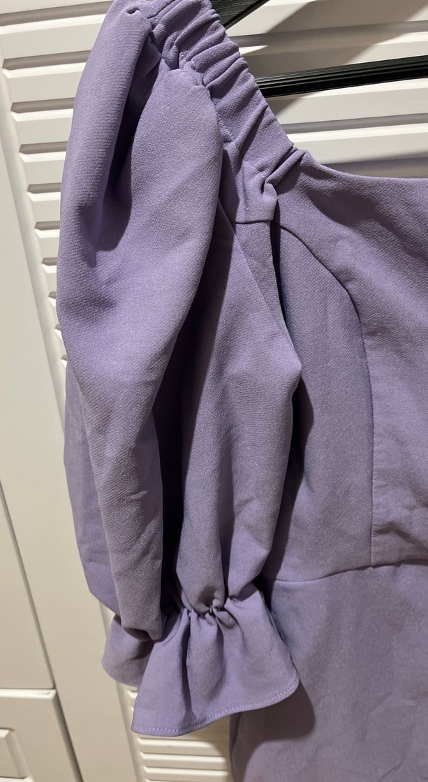 Mor Midi Keten Elbise, Drapeli, Kayık Yaka - Görsel 2