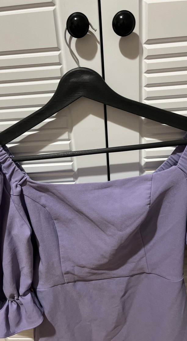 Mor Midi Keten Elbise, Drapeli, Kayık Yaka - Görsel 3