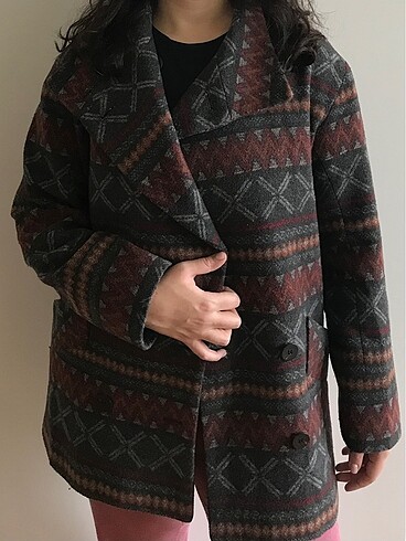 s Beden Mango etnik desenli oversize füme bordo kaban