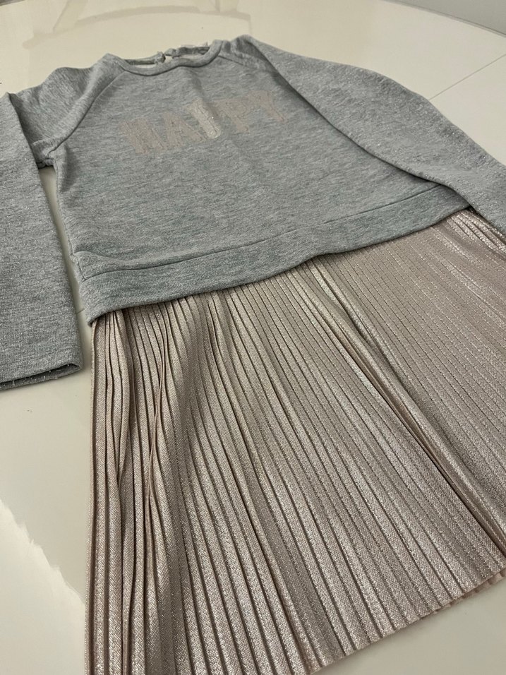 Gri Uzun Kollu Kız Elbisesi Pilili Etek - Görsel 2