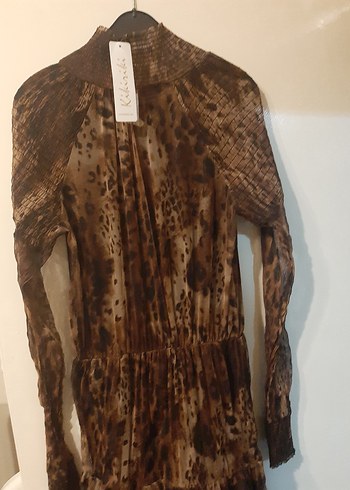 Kahverengi Leopar Desenli Bohem Uzun Elbise - Görsel 2