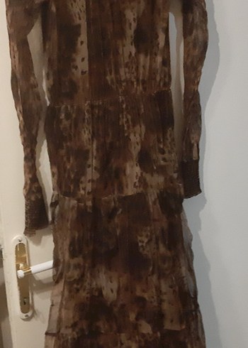 Kahverengi Leopar Desenli Bohem Uzun Elbise - Görsel 6