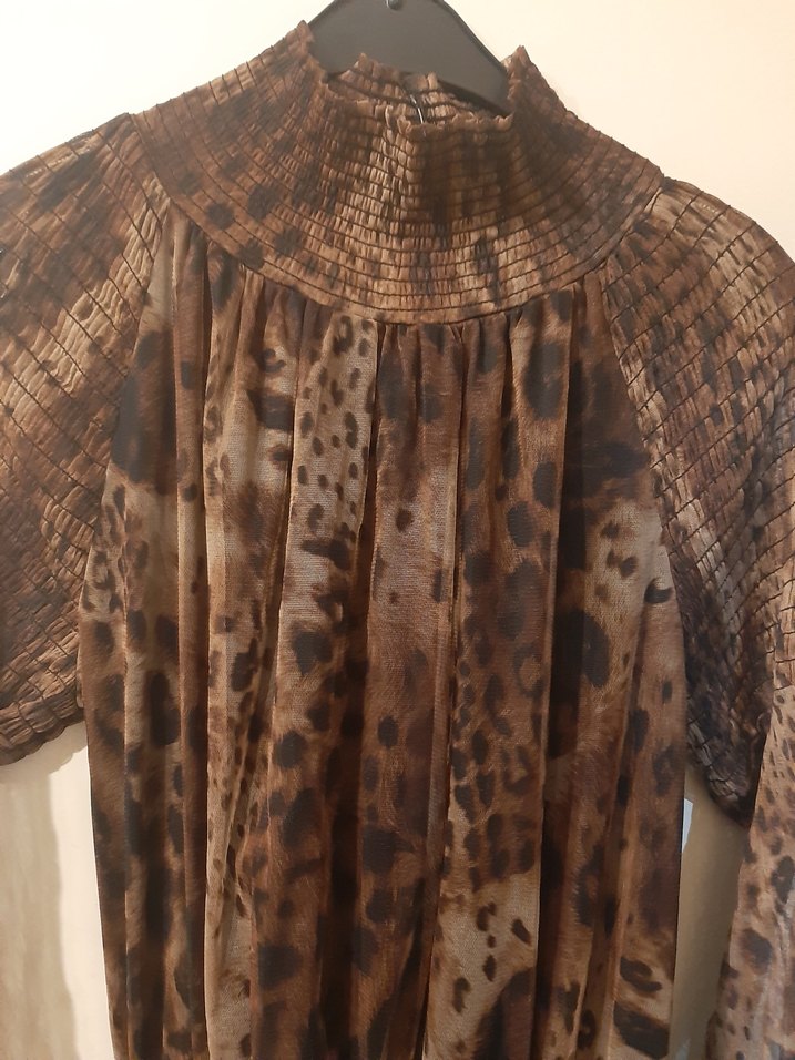 Kahverengi Leopar Desenli Bohem Uzun Elbise - Görsel 3