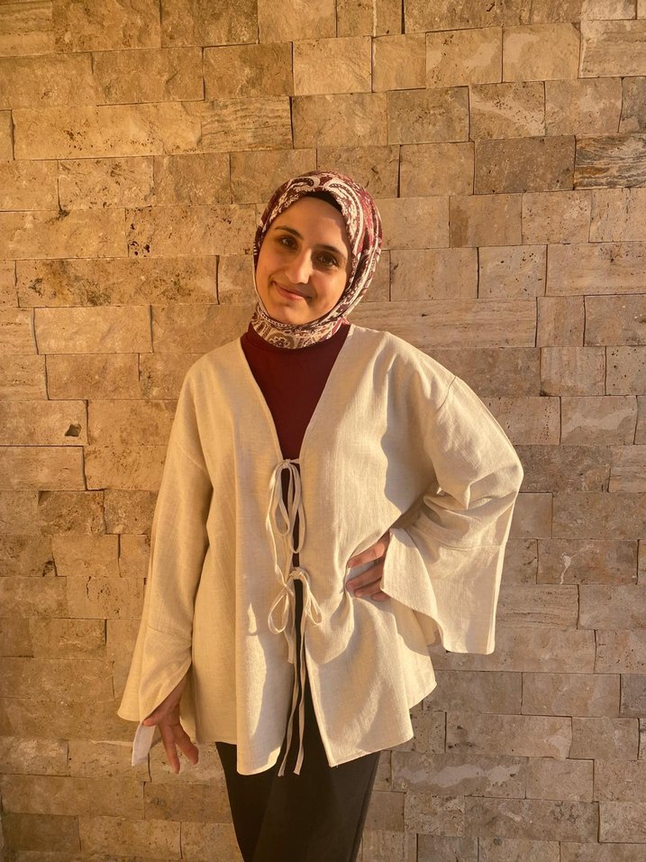 Kahverengi Pamuklu Uzun Etnik Kolsuz kimono ceket - Görsel 2