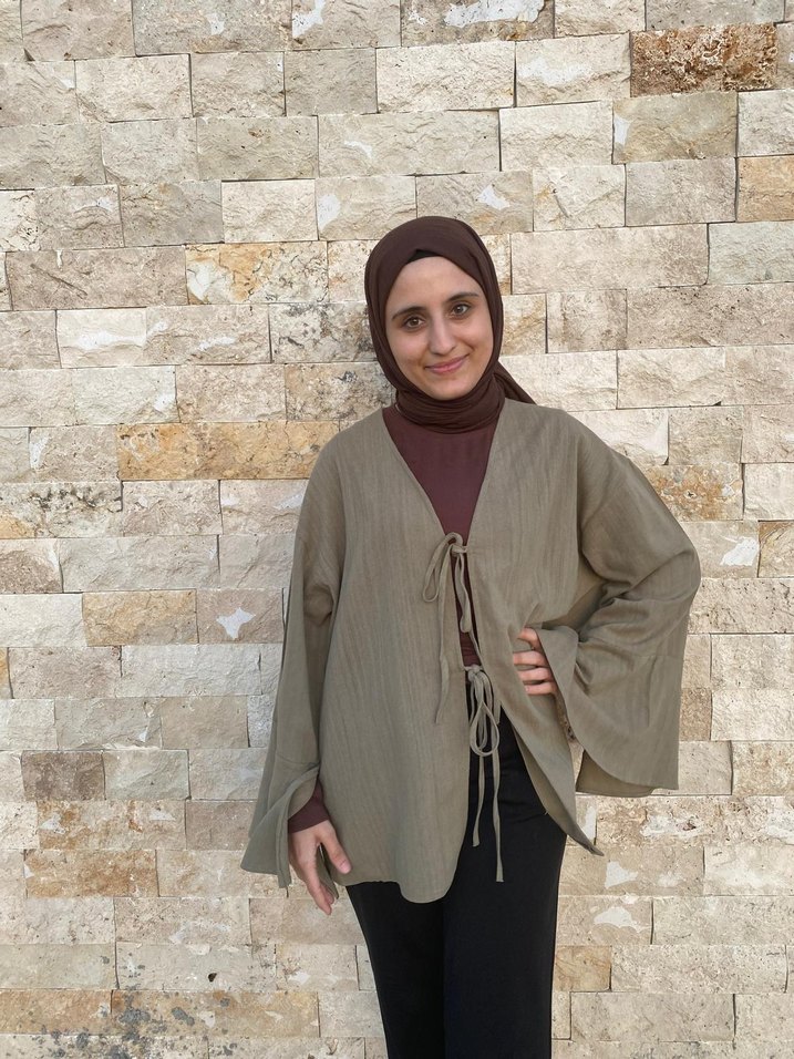 Bej Dökümlü Keten Kadın Kimono ceket - Görsel 2