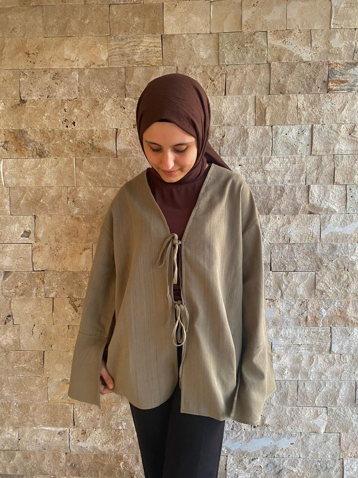 Bej Dökümlü Keten Kadın Kimono ceket - Görsel 3