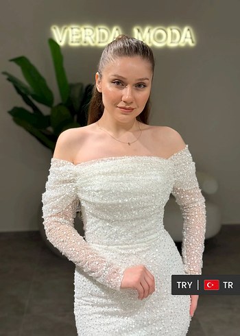 Abiye Drapeli Uzun Kollu Beyaz Abiye Elbise kiralıktır