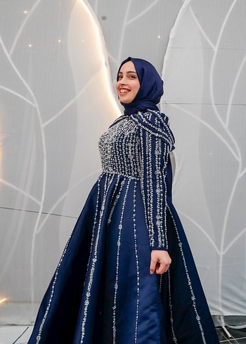 38 Beden Boncuk İşlemeli Lacivert Uzun Abiye Elbise