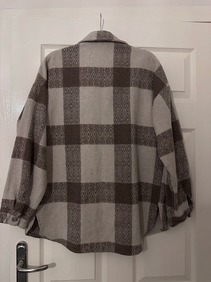 Düğmeli Bej/Kahverengi Ekose Kadın Ceket - Görsel 5