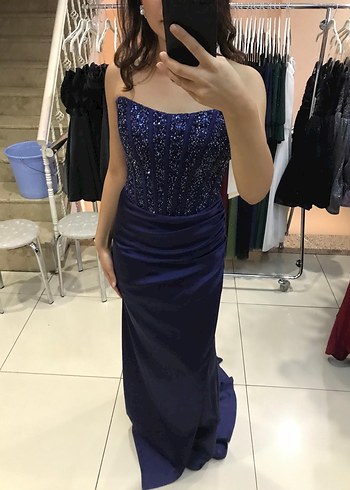 Straplez Lacivert Uzun Drapeli Abiye Elbise - Görsel 2