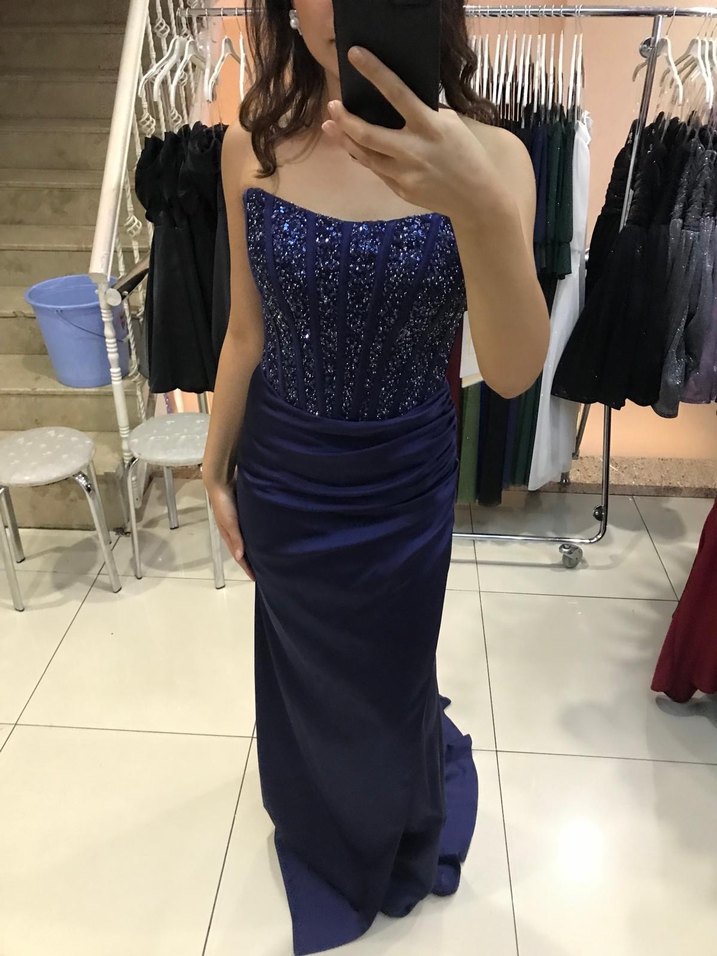 Straplez Lacivert Uzun Drapeli Abiye Elbise - Görsel 2