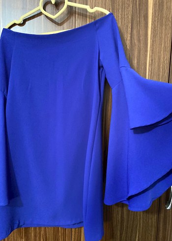 Saks Mavisi Yarasa Kol Kayık Yaka Kısa Elbise - Görsel 2