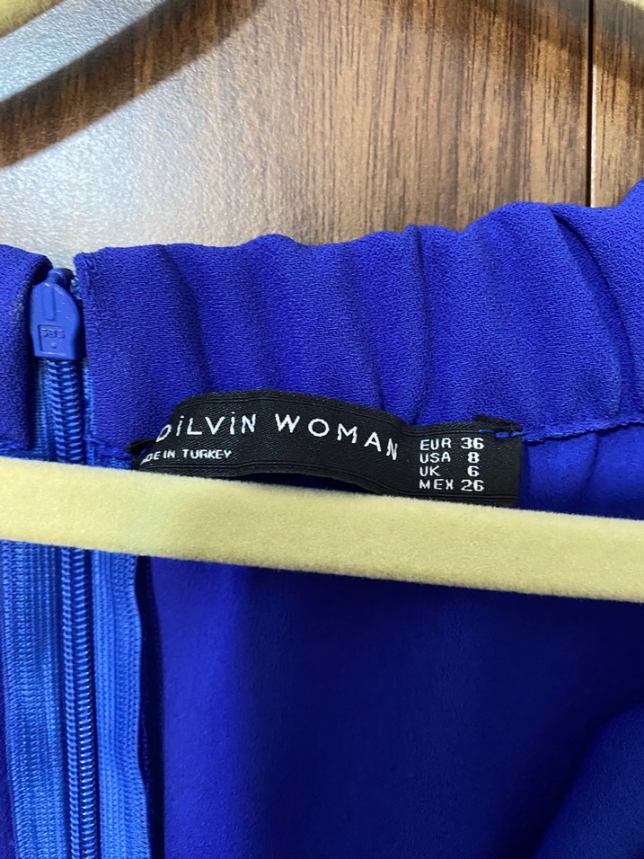 Saks Mavisi Yarasa Kol Kayık Yaka Kısa Elbise - Görsel 4