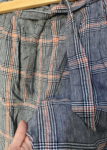Bershka Kadın Gri Kareli Keten Kumaş Pantolon