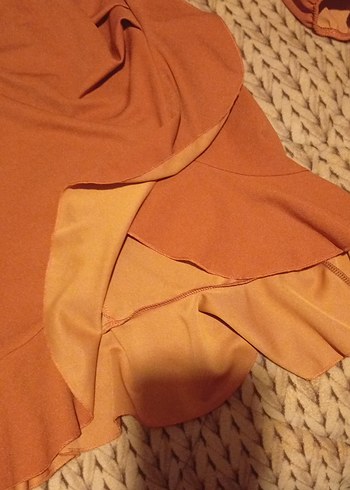 Kahverengi Uzun Kollu Volanlı Triko Elbise l xl beden - Görsel 2