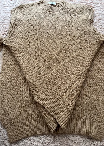 Bej Örgü Kolsuz Bohem Kadın Süveter - Görsel 2
