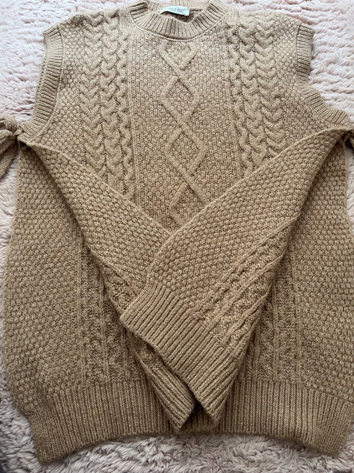 Bej Örgü Kolsuz Bohem Kadın Süveter - Görsel 2