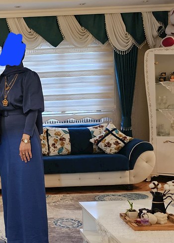 40 Beden Drapeli Uzun Kollu Mavi Uzun Elbise