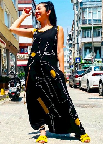 Siyah Baskılı Uzun Kollu Kadın Elbise ŞALVAR - Görsel 3