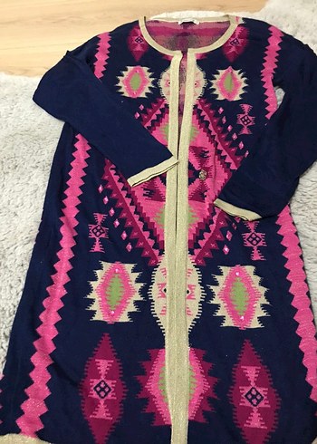 Perlina Renkli Bohem Desenli Uzun Hırka