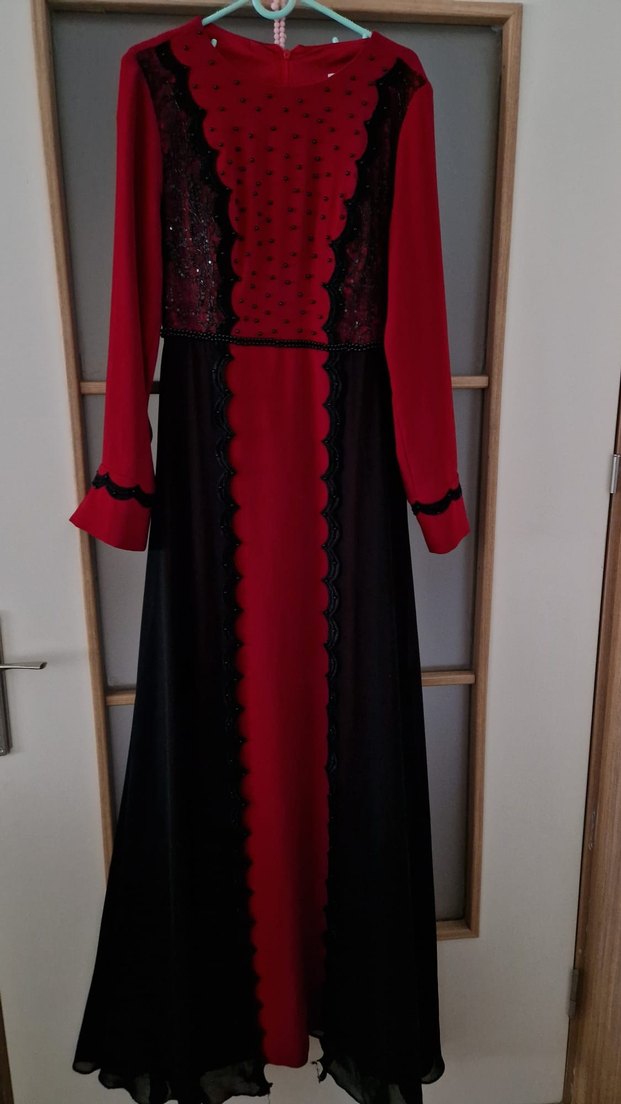 Bordo Siyah Nakışlı Uzun Kollu Uzun abiye - Görsel 2