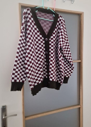 Bordo Kareli Düğmeli Kadın Hırka - Görsel 2