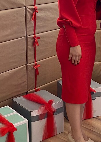 Düğmeli Uzun Kollu Kırmızı Kadın Elbise - Görsel 5