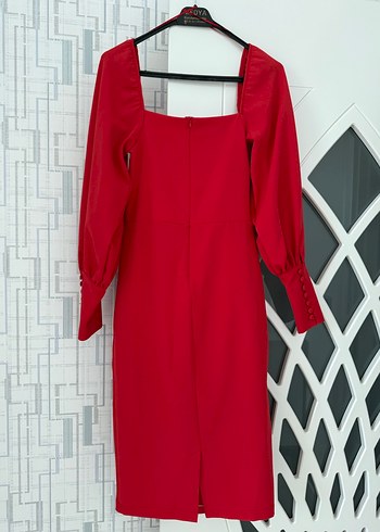 Düğmeli Uzun Kollu Kırmızı Kadın Elbise - Görsel 4