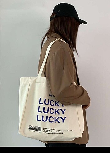  Beden Lucky yazılı bej büyük kol çantası Tote Bag 