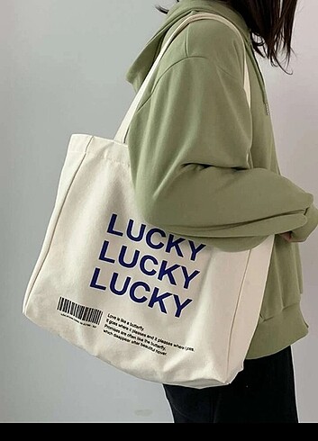 Lucky yazılı bej büyük kol çantası Tote Bag 