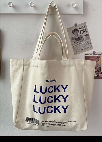 Sheinside Lucky yazılı bej büyük kol çantası Tote Bag 