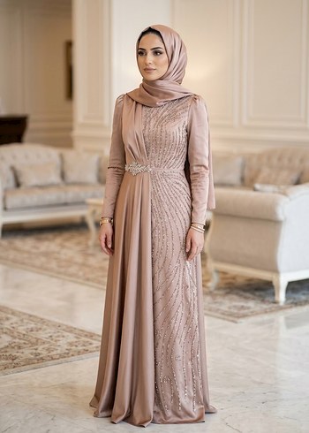 Abiye Sampanya Pembe Tasli Tesettur Abiye