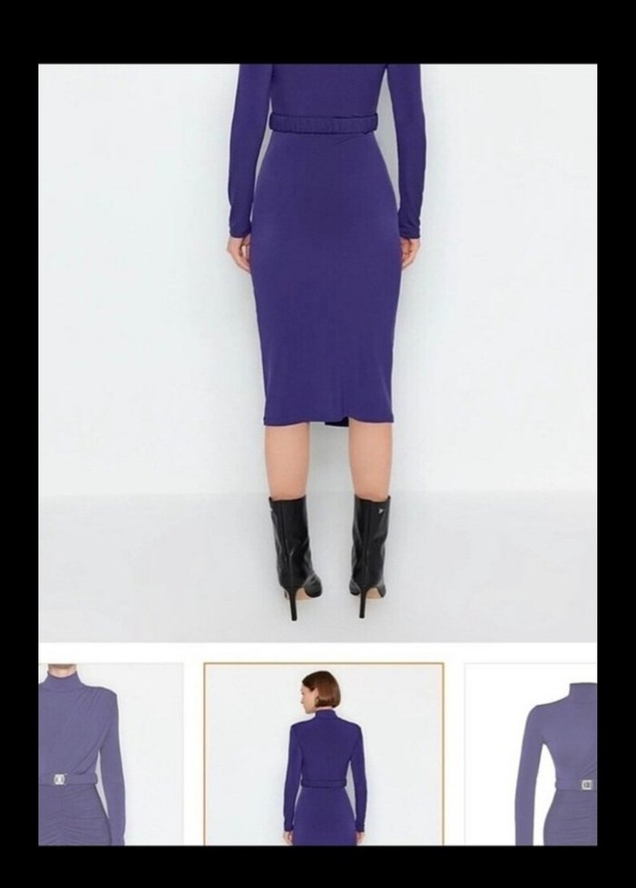 Mor Uzun Kollu Kemerli Dar Kesim Elbise - Görsel 3