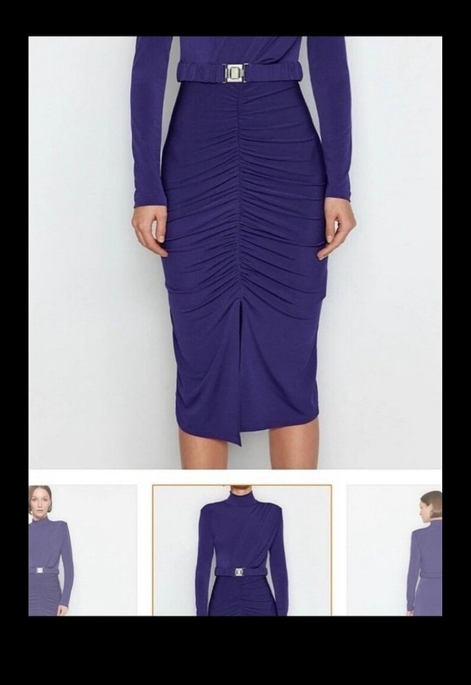 Mor Uzun Kollu Kemerli Dar Kesim Elbise - Görsel 2