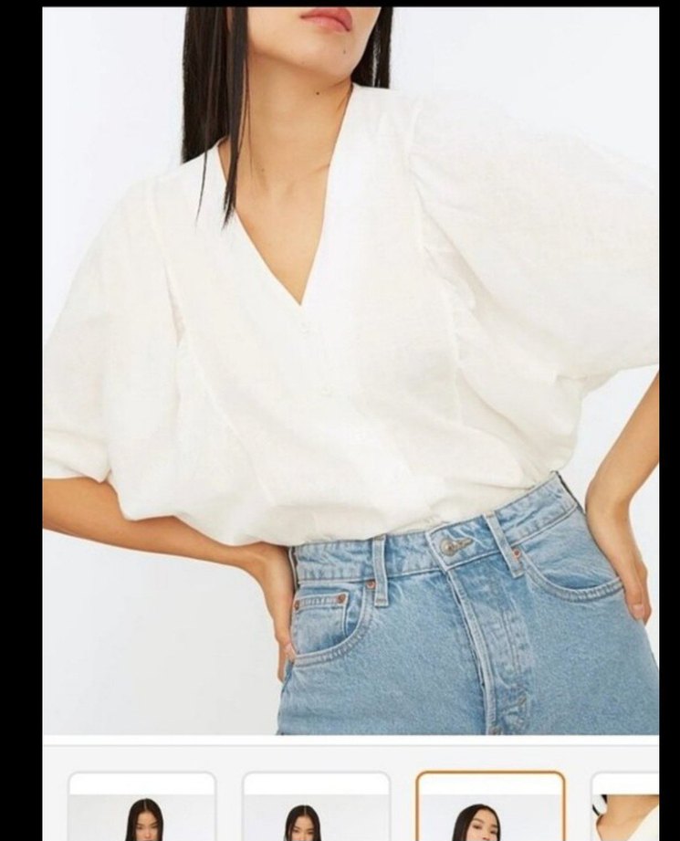 Kadın Beyaz Keten V Yaka Düğmeli Gömlek - Görsel 2