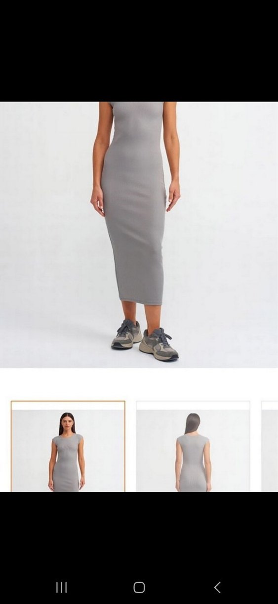 Gri Yüksek Yakalı Kolsuz Midi Elbise - Görsel 3