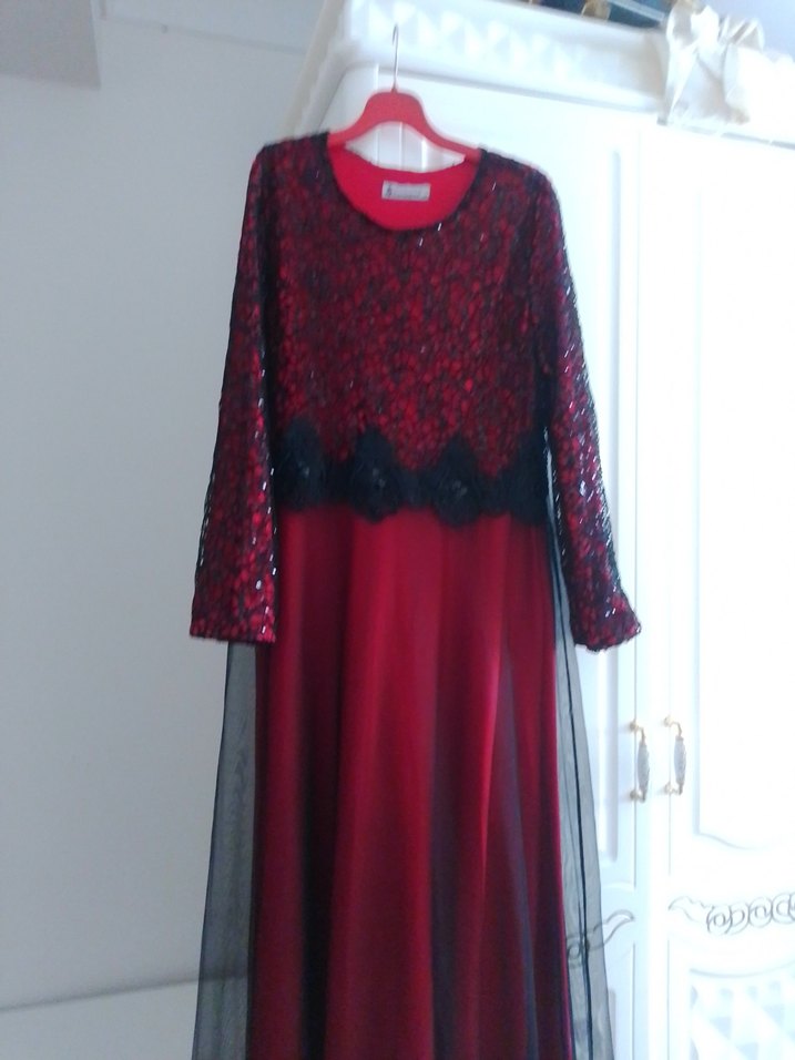 Bordo Dantel Uzun Kollu Gotik Abiye Elbise - Görsel 4