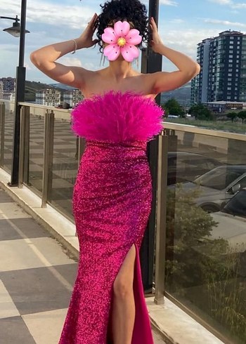 Pullu Straplez Pembe Uzun Abiye Elbise - Görsel 2