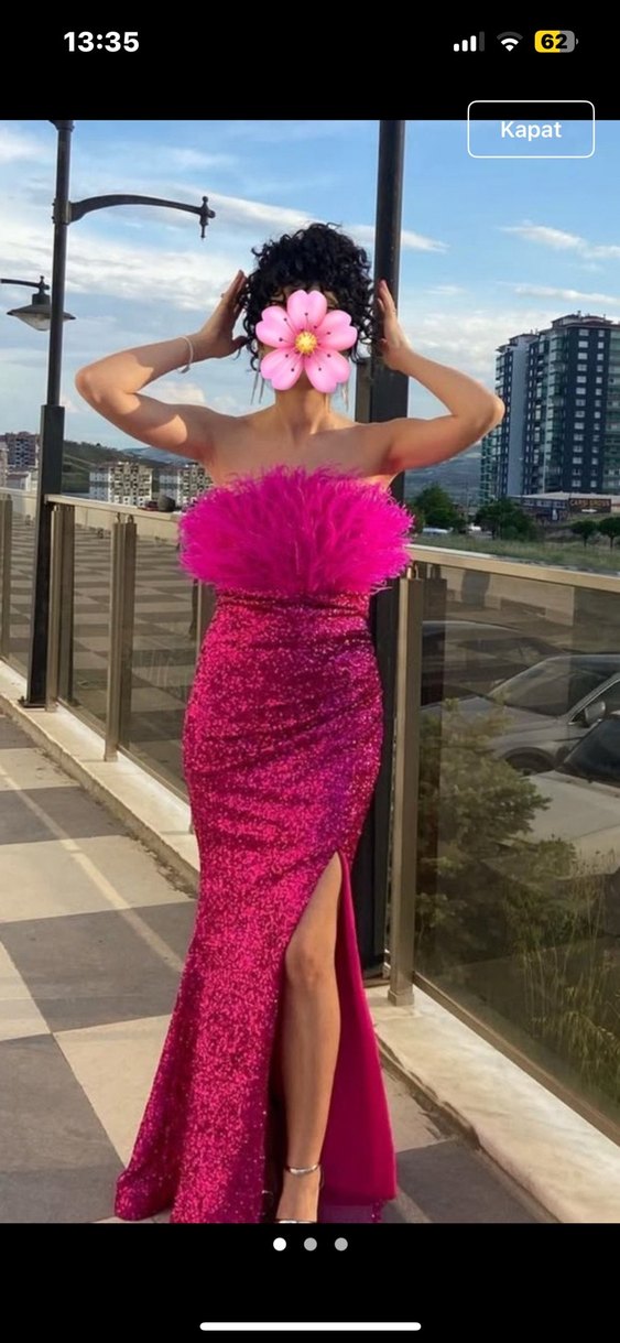 Pullu Straplez Pembe Uzun Abiye Elbise - Görsel 2