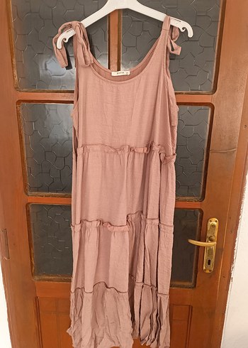 Bej Keten Uzun Bohem Elbise - Görsel 2