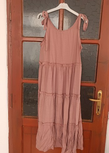 Bej Keten Uzun Bohem Elbise - Görsel 6