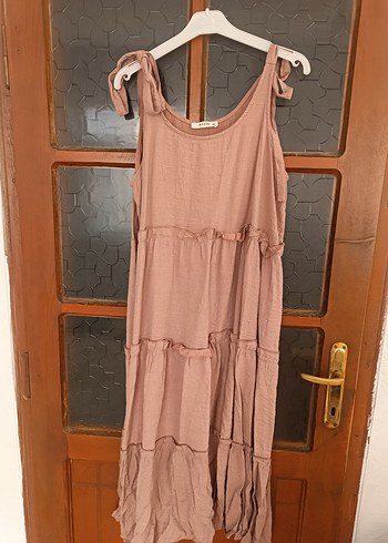 Bej Keten Uzun Bohem Elbise - Görsel 3