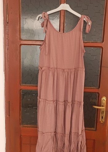 Bej Keten Uzun Bohem Elbise - Görsel 5