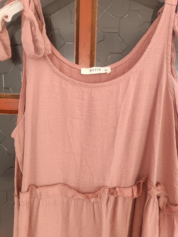 Bej Keten Uzun Bohem Elbise - Görsel 4